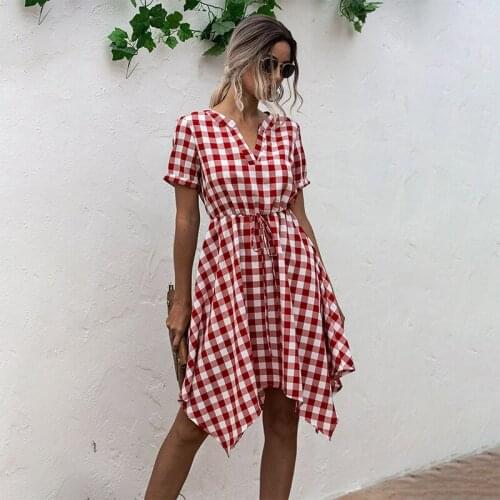 Summer Women Fashion Irregular Slim High Waist Dress Plaid Sundress 2021 Casual Red V Neck Knees Leisure Clothing Vestidos Femme