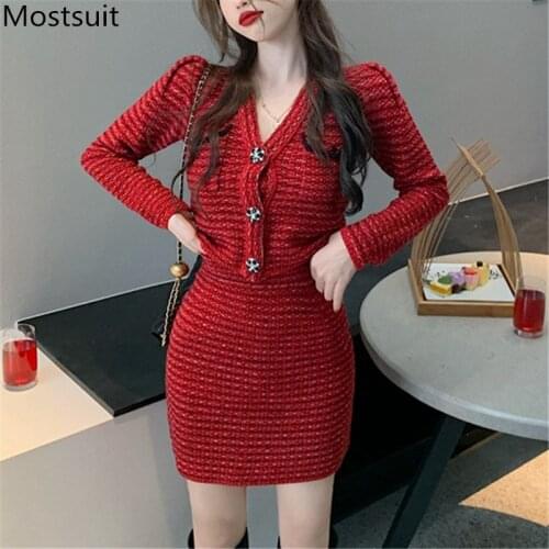2021 Spring Red Knitted Two Piece Skirt Set Women V-neck Cardigan + Mini Pencil Skirt Suits Vintage Elegant Fashion Matching Set