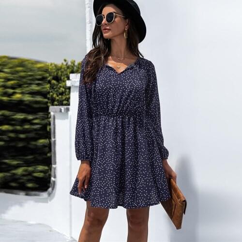 Spring Autumn Polka Dot Printed Dress Women 2021 Casual Lace Up V Neck Full Sleeve Elastic Waist Slim Ruffle Mini Dresses Female