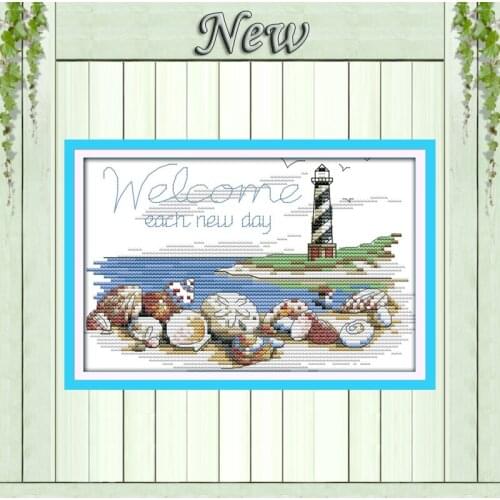 Shells of the lighthouse Scenic painting,pattern printing on cloth DMC 14CT 11CT DIY Cross Stitch Needlework kits Embroidery Set