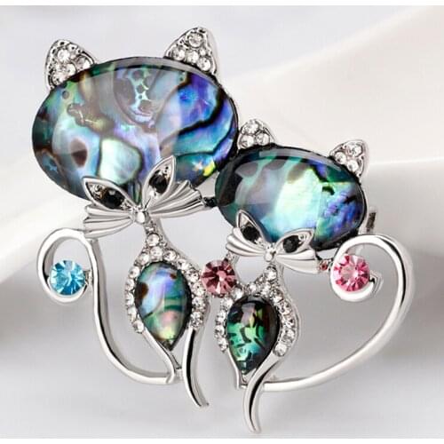 1PC Silver Plated Brooch Sexy Cat/Fox/Butterfly Green Rhinestone Natural Abalone Shell Pin For Women Weddings Gift