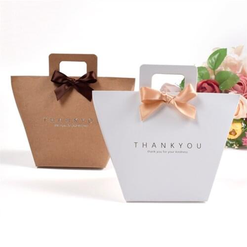 20 Pcs Simple Style Kraft Paper Bronzing Gift Bag Solid Color Bow Decor Bag Wedding Candy Box Bag High-capacity Gift Box