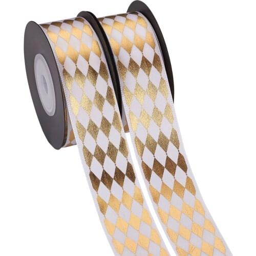 25mm Polyester Satin Ribbon Single Face Golden Hot Stamping Mix Patterns Printed for Gift Wrapping Handmade Craft Ribbon 2 Rolls