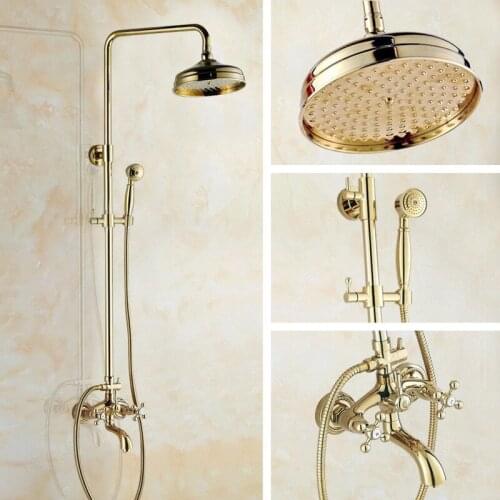 8" Shower Head Gold Polished Brass Dual Cross Handles Wall Mounted Bathroom Rain Shower Faucet Set Bathtub Mixer tap agf441
