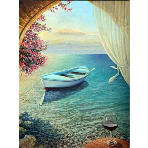 Diamond Painting Full Circle Diamond Kit Rhinestone Picture Art Craft Home Door Decoration (Boat)