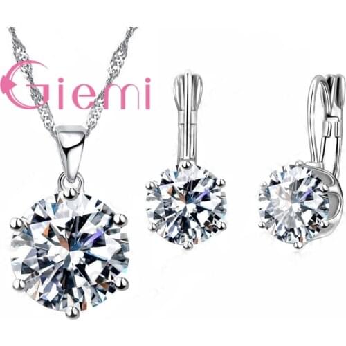 Shining Hot Round Crystal Necklace Earrings for Lovely Women Wedding Ceremony Vow Jewel Set 925 Sterling Silver