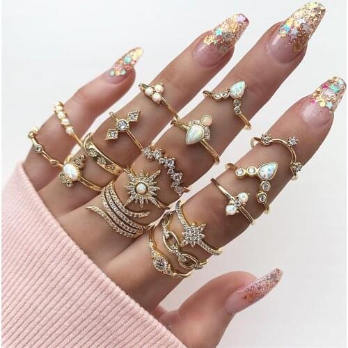 Bohemian Women Rings Anise Star Crown Cross Snake Drops Geometry Crystal Joint Gold Ring Set Personality Lady Wedding Jewelry