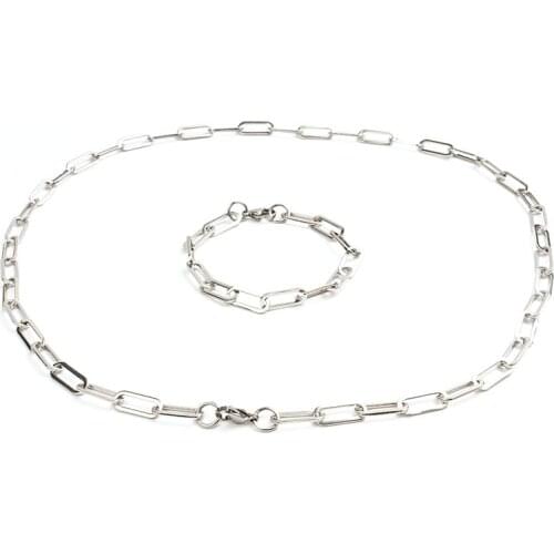 1 Set New 4mm 6mm Stainless Steel Paperclip Chains Necklace Bracelets Set Gold Color Silver Color Oval Link Cable Jewelry Gifts