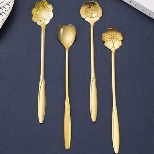 Stainless Steel Flower Teaspoon Coffee Scoops 4pcs Metal Golden Soup Dessert Spoon Tablespoon Kitchen Tools