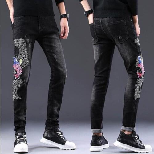 Mens jeans embroidered carp slim trendy pants original design new pantalones hombre American style stretch feet black