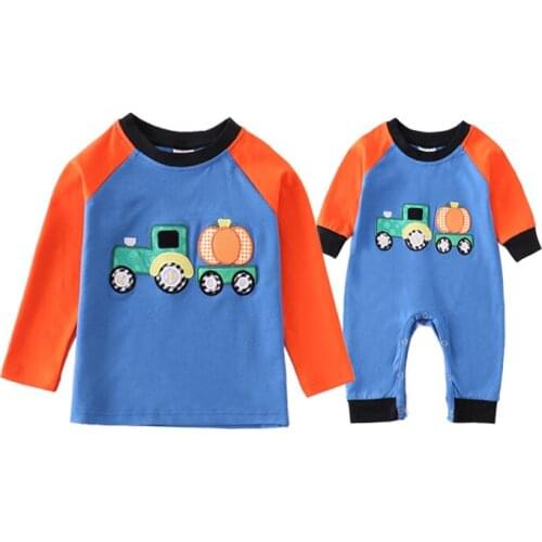 Girlymax 2 Colors Halloween Thanksgiving Pumpkin Tractor Cotton Top Long Sleeve T-shirt Baby Boys Raglans Romper Kids Clothing