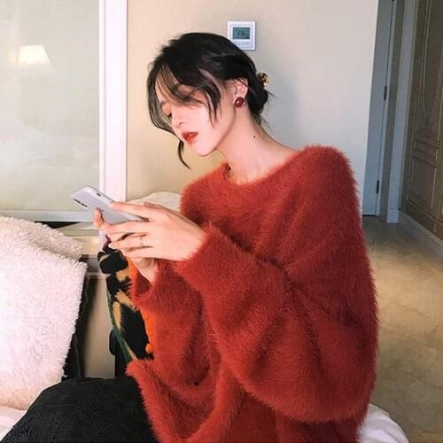 JSXDHK New Vintage Winter Women Lantern Sleeve Mink Cashmere Sweaters Fashion Plus Size Loose Thick Soft Mohair Long Pullovers