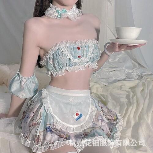 New Summer Women Sexy Lolita Print Maid Rabbit Uniform Cosplay Camisoles Suit Soft Girl Kawaii Sweet Costume