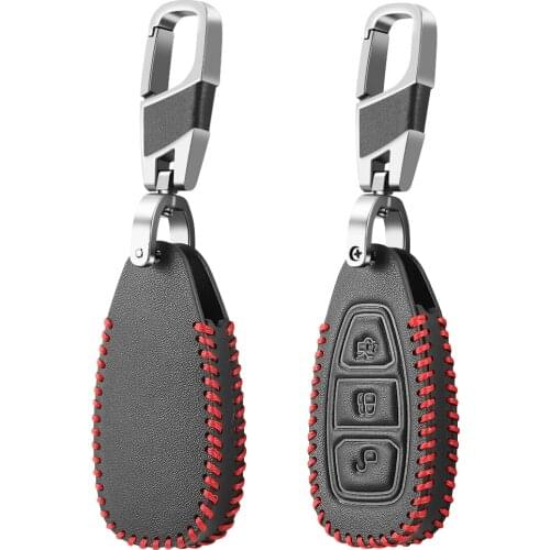 Leather Car Key Case For Ford Focus 3 4 MK3 ST RS Kuga Escape Ecosport Fiesta 3 Buttons Smart Remote Fob Protect Cover Keychain
