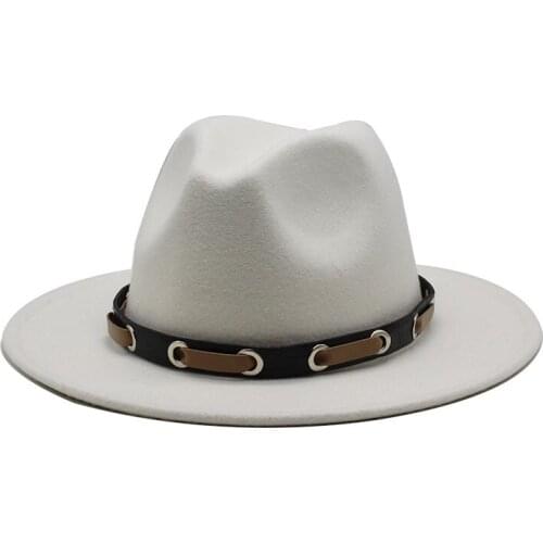 Trendy Men Women Wool Felt Jazz Style Fedora Hats Panama Trilby Party Formal Top Hat In BLACK ,WHITE AND YELLOW with Belt Decor