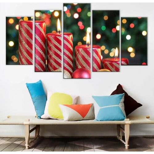 Living Room Wall Art Pictures HD Printed Posters 5 Panel Christmas Candles Modern Painting On Canvas Home Decoration Framework