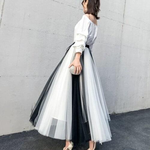 Women Summer Black White Patchwork Chiffon Mesh High Waist Skirt Boho Beach Holiday Tiered Tulle A-line Pleated Skirt