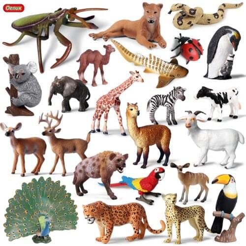 Oenux Wild Animals Modle Toy Leopard Lion Model Action Figure Alpaca Peacock Spider Figurines Miniature Collection Toys For Kids