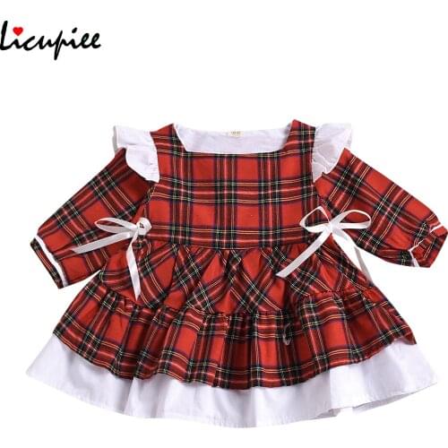 Full Sleeve Baby Girl Long Sleeve Dress, Plaid Print, Lotus Leaf, Bow Decoration, Cute Princess Costume 1-6 Years