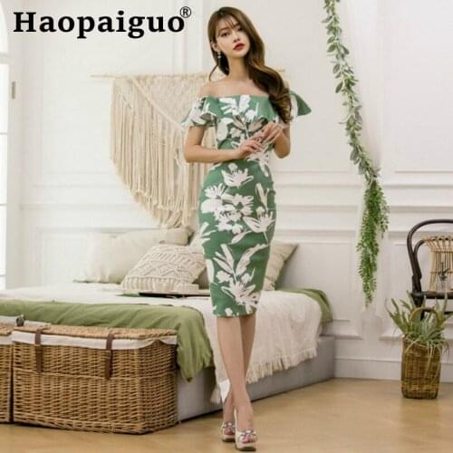 Slash Neck Green Print Evening Party Dress Women Split Bodycon Wrap Midi Sexy Dress Women Sheath Summer Dress 2019 Robe Femme