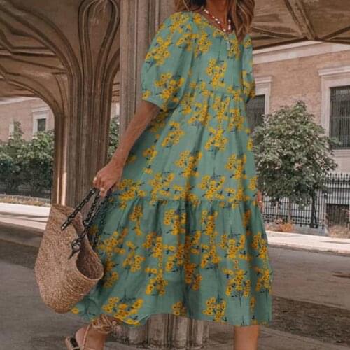 2020 Summer Print Short Sleeve A-Line Dress Women Elegant O Neck Party Dresses Ladies Casual Loose Beach Long Dress Vestidos 2XL