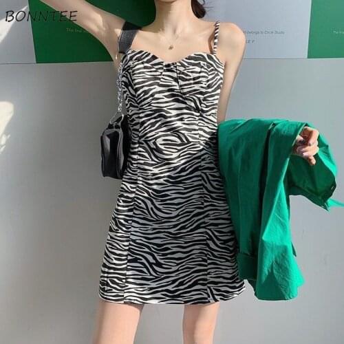 Sleeveless Dress Women Zebra Pattern Sexy V-neck Mini Summer Female Clothing Vintage All-match Streetwear Party High-fashion New