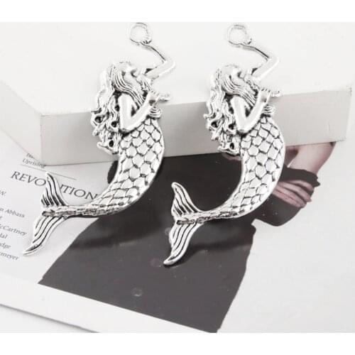 5Pcs Silver Color Beach Sea Mermaid Charms Ocean Pendant Necklace Choke Pendant Jewelry Findings Gift 77X21mm A1886