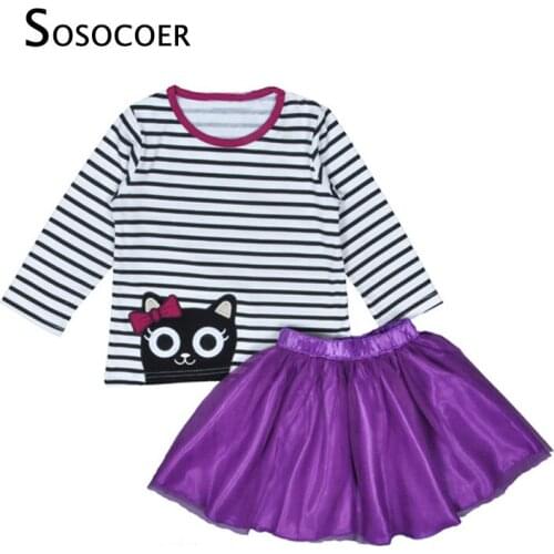 SOSOCOER Girl Clothing Set Spring 2017 Cartoon Clothing Sets For Girls Stripe T Shirt+Lace Shirt Boutique Kids Clothes Outfits
