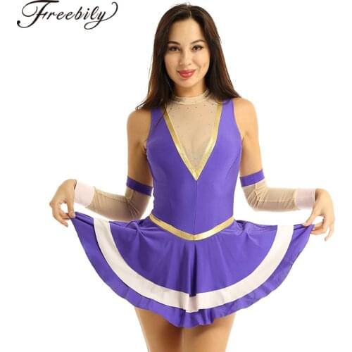 Women Sleeveless Mesh Splice V-shape Gymnastics Leotard Ballet Figure Skating Dress Circus Performance Dance Costume