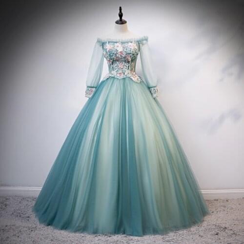 Vintage 3D Flower Lace Appliques Long Sleeve Quinceanera Dresses Puffy Off Shoulder Green Tulle Ball Gown Corset Formal Dresses