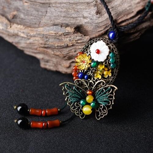 Fashion Chinese wind jewelry nature stones vintage necklace ,new ethnic shell necklace,handmade copper flowers sweater necklace