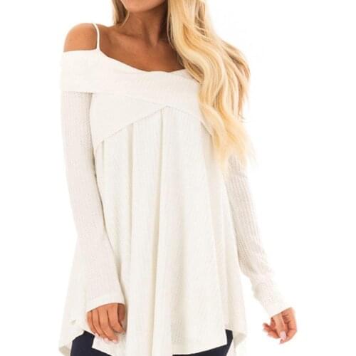 Women Fashion Autumn Winter Long Sleeve Cross Neck Sweater Sling Solid Color Top