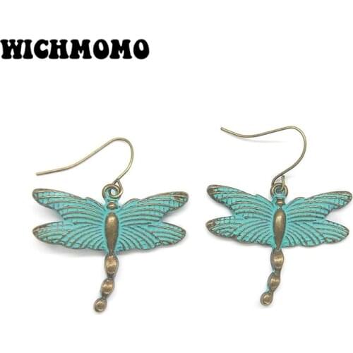 2019 New Fashion 1 Pair Retro Patina Plated Zinc Alloy Green Dragonfly Earrings for Womens Fashion Jewelry Gifts Date and Party