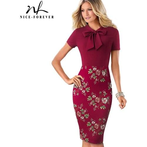 Nice-Forever Elegant Floral Patchwork Business Turn-Down Collar vestidos Formal Work Office Bodycon Women Female Dress B535