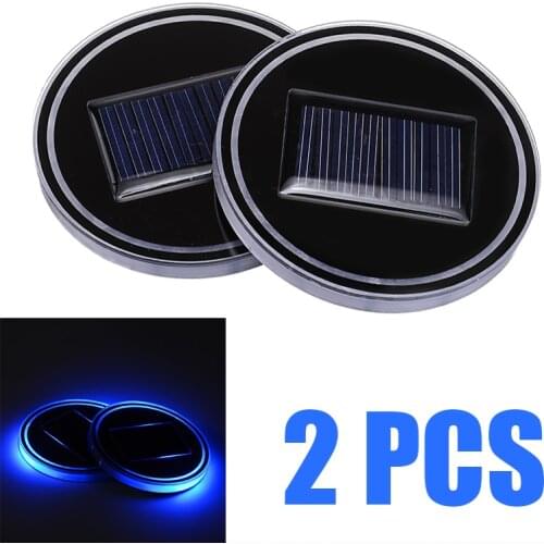 2pcs 6.8cm Car Blue LED Solar Cup Holder Auto Cup Bottle Holder Mat Pad LED Light Trim For All Models Interior Accessories