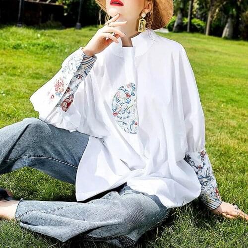 Plus Size Loose Casual Ladies Blouses Womens Tops Spring Autumn Batwing Sleeve Chic Embroidery Womens Shirts Clothes LS125