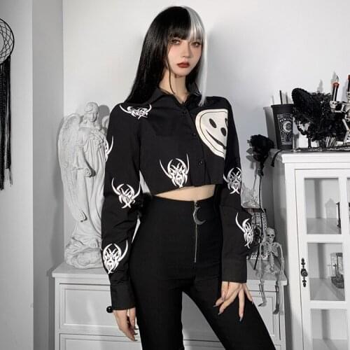 Smiley Emo Print Black Tops Y2K Streetwear Women Long Sleeve T Shirt Harajuku Sexy Aesthetic E Girl Cropped Tops