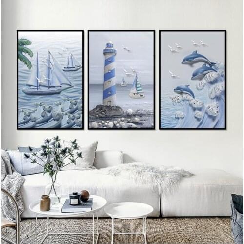 European Style Cartoon Dolphin Lighthouse Sailing Canvas Painting with No Frame for Childrens Room Wall Art Poster home Decor