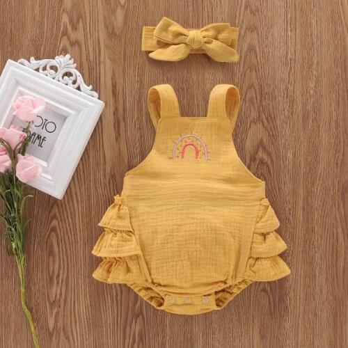 Citgeett Summer Baby Girls Clothes Cartoon Embroidery Strap Ruffle Bodysuit Rainbow Linen Sleeveless Headband 2Pcs Outfits Set