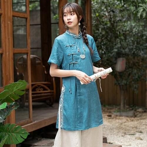 2021 Cotton Linen Tang Suit Hanfu Women Chinese Style Clothing Women Print Loose Three-Quarter Sleeve Tea Service T-Shirt KK3679