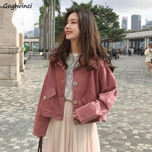 Women Short Basic Jackets Solid Pink Sweet Single Breasted Corduroy Lovely Girls Spring Fresh Females Outwear Designer All-match