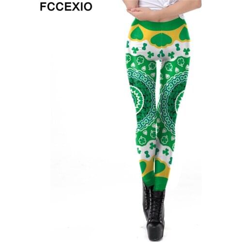 FCCEXIO Green Lucky Clover Leggings Women Patricks Day Workout Fitness Leggins 3D Printed Plus Size Legging Mujer New Trousers