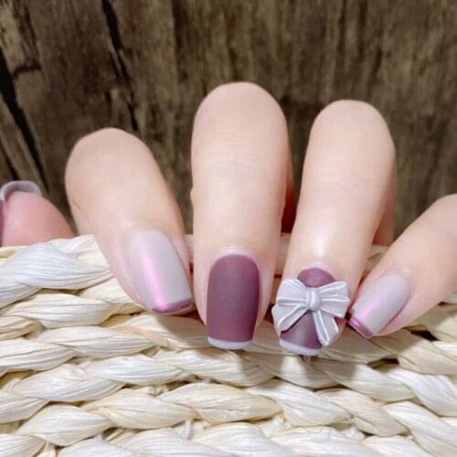 24pcs Detachable Rose bow False Nail Set Full Cover For French Decoration Press On Fake Nails Art Extension Tips With Glue