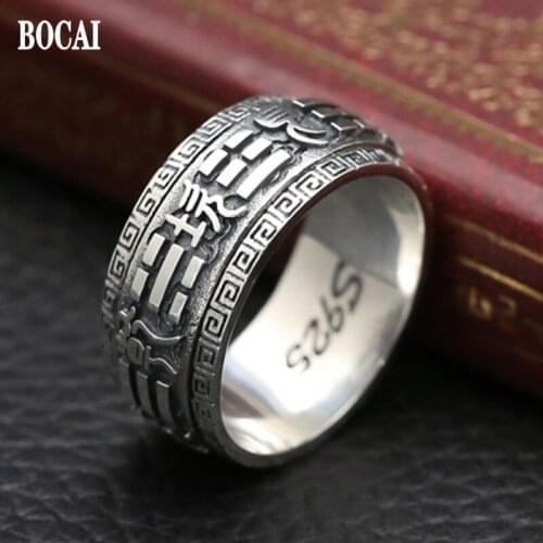 BOCAI New 100% s925 Silver Scripture Jewelry Nine Palaces and Gossip Retro Six-character Mantra Turning Trendy Mens Ring