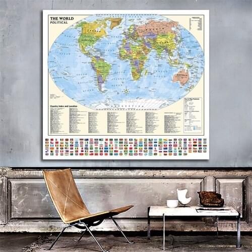 The World Political Map Wall Art Canvas Painting Home Office Decoration School Study Supplies Has Country Flag And Location