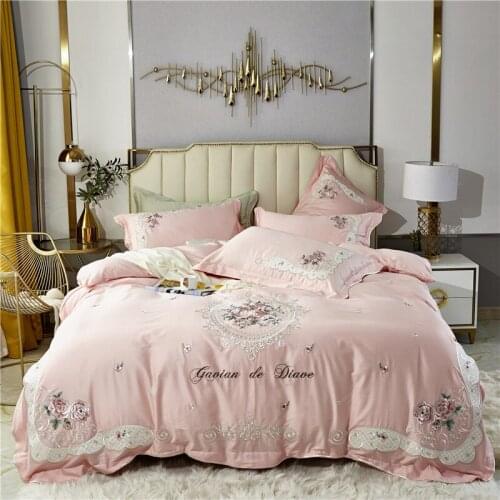 Luxury 100S Pink Embroidery Egyptian Cotton Bedding Set Double Duvet Cover Set Bed Linen Pillowcases Home Textile King Qunne
