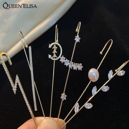 QUEEN ELISA Ear Wrap Crawler for Women Men Crystal Hook Ear Clip Gold Zircon Piercing Earrings Jewelry Metal Fake Ear Cuff