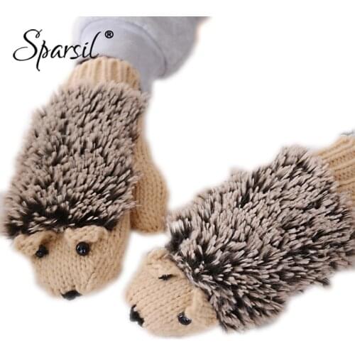 Sparsil Women Winter Cartoon Glove Hedgehog Wrist Knit Mittens Warm Thick Gloves Female Cute All-Fingers Heated Villus Gloves