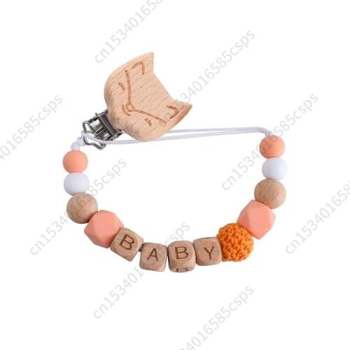 Personalized Name Custom Baby Name Pacifier Clips Beech Beads Handmade Silicone Pacifier Chains Toddler Teether Teething Chain