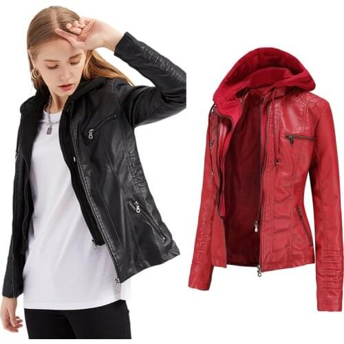 Autumn Spring Women Faux Leather Jackets 2021 Casual PU Leather Solid Zippers Pockets Hooded Women Leather Coat
